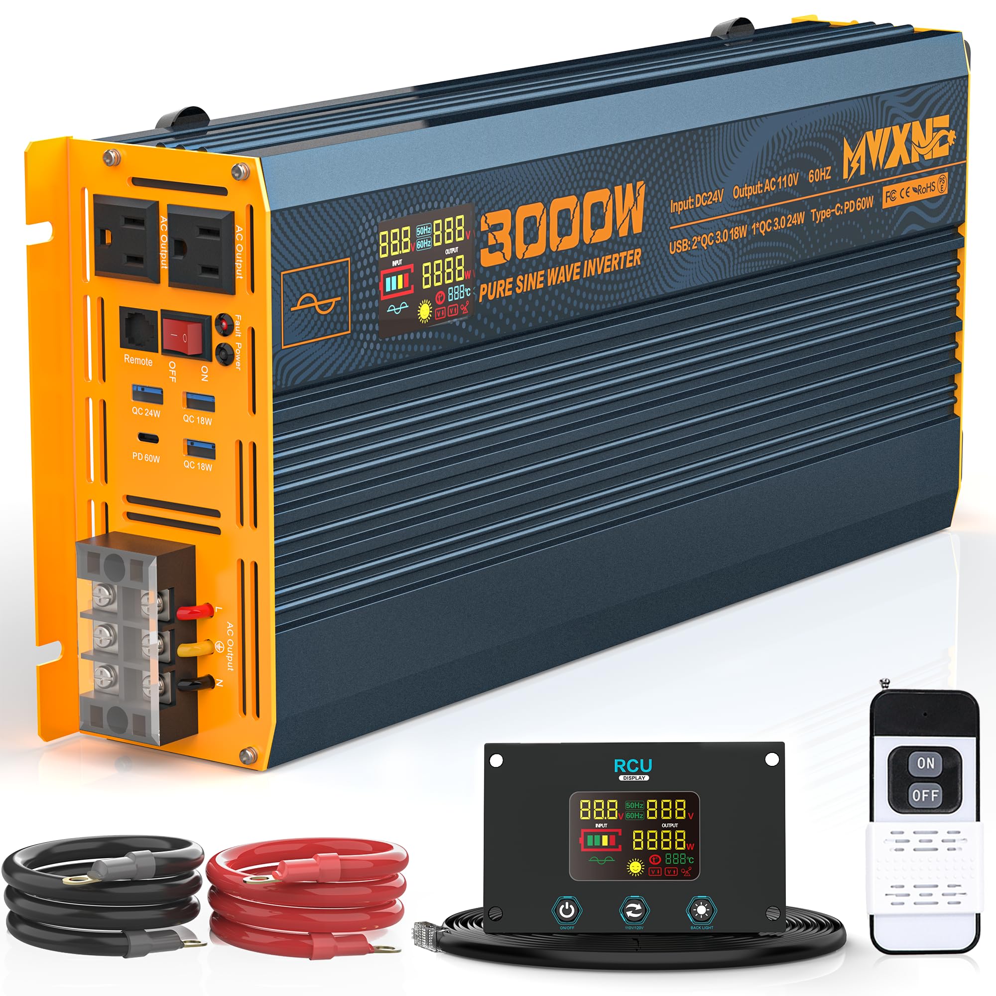 MWXNE 3000W Pure Sine Wave Power Inverter Dc 12v to 110v 120v Ac for ...