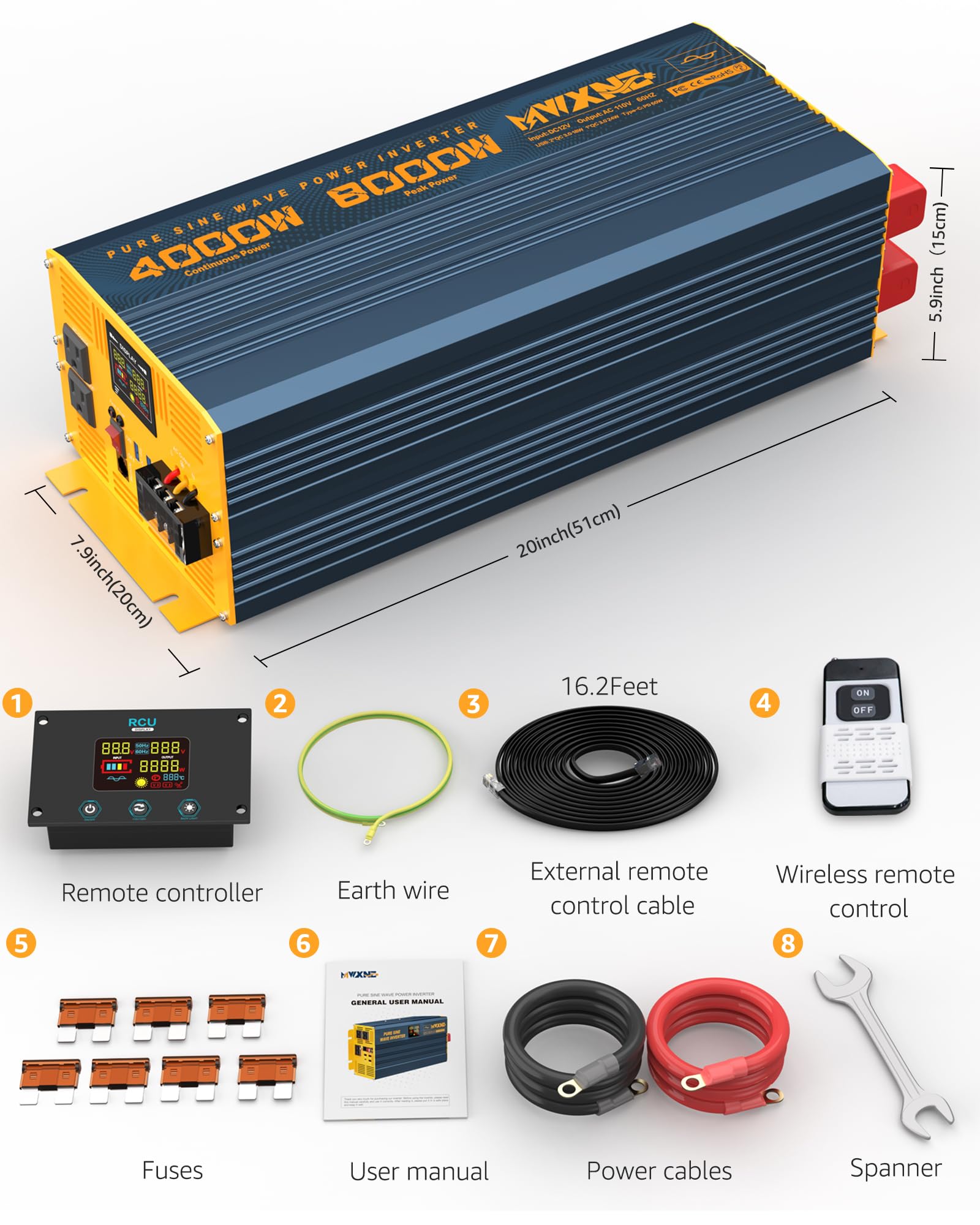 MWXNE 4000W 12V to 110V 120V Pure Sine Wave Power Inverter for Home RV ...